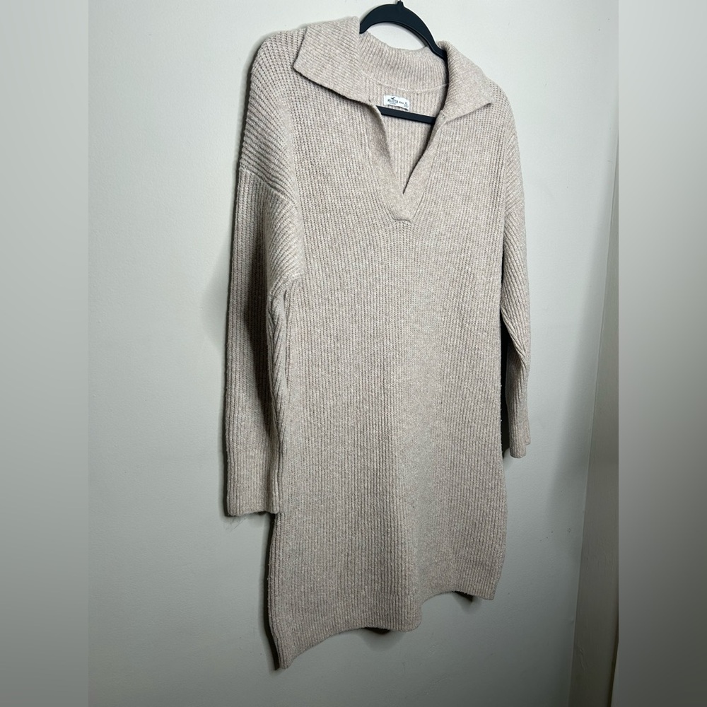 Hollister Co Collared Knit Sweater Jumper Short Mini Long Sleeve V Neck Beige XL - Picture 3 of 10
